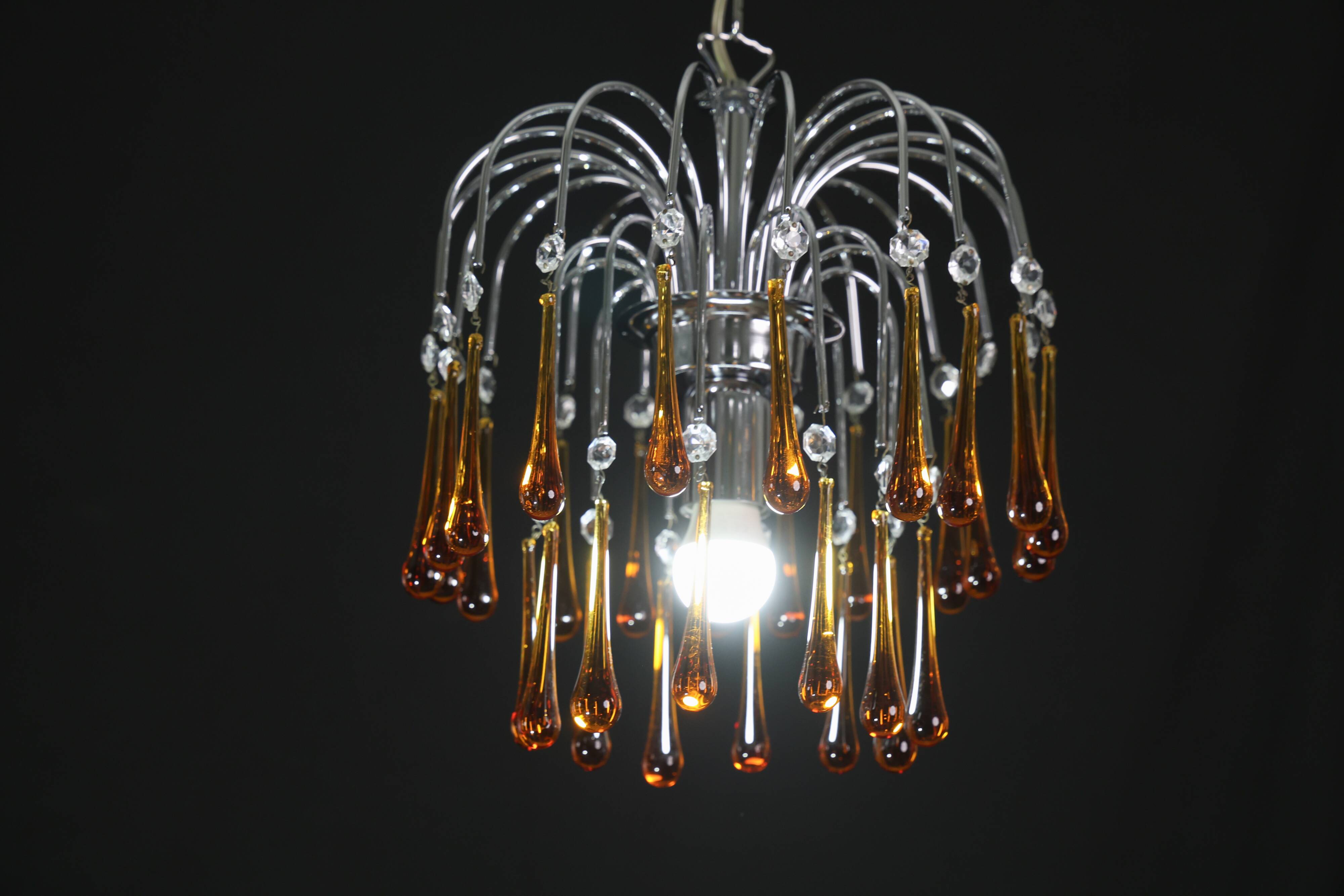 The Amber Crown, Murano Chandelier Amber and Crystal Drops, 1970s