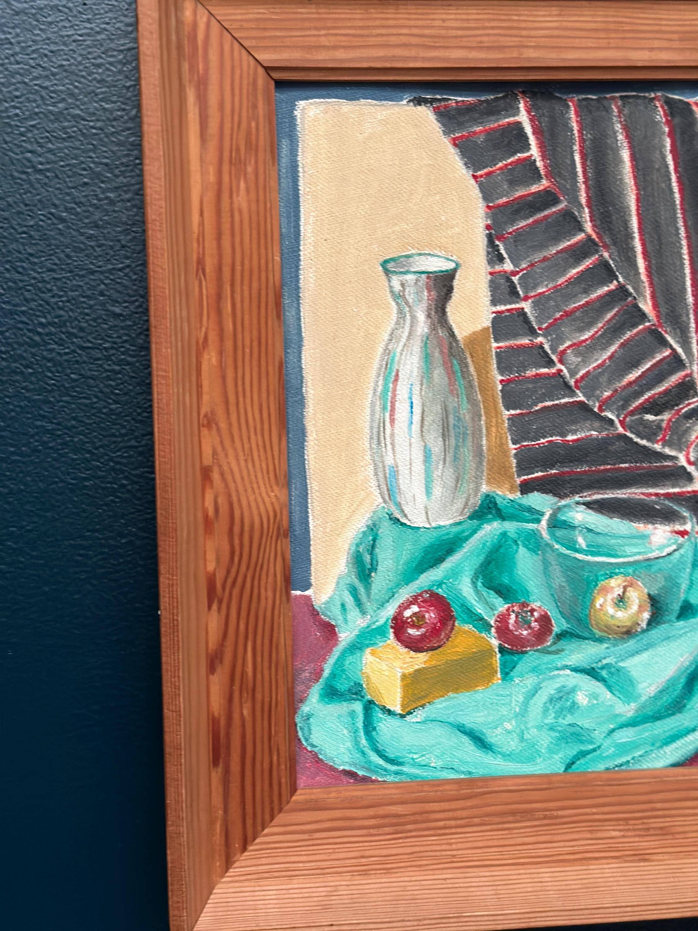 Huile sur panneau d'origine suédoise – « Nature morte avec fruits et vase » par Sune Lindahl – Vintage et encadrée – 30 × 35 cm (11,8" × 13,8")