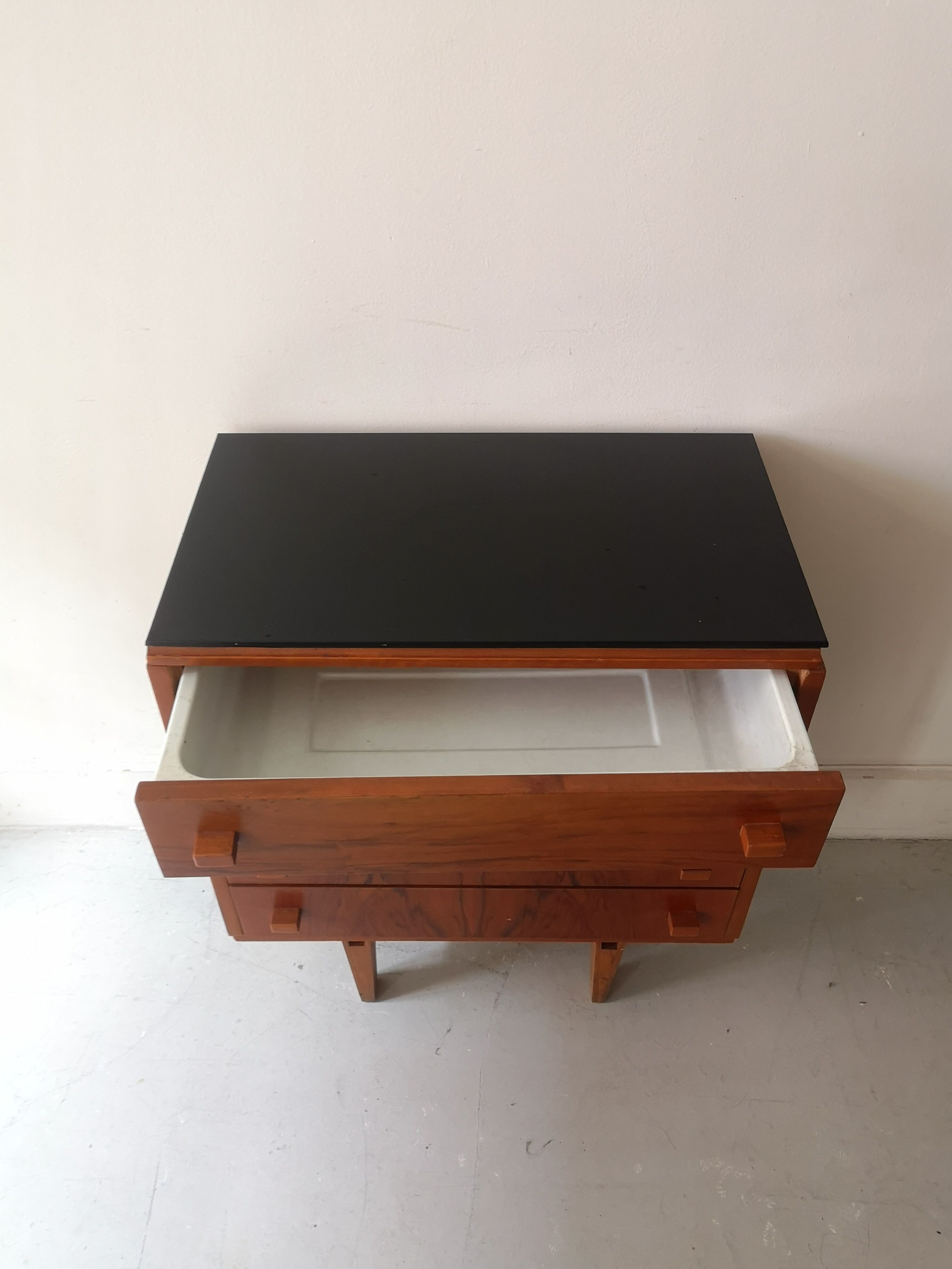 Chest of drawers in rosewood and vintage mid-century black glass, czechoslovakia 1970