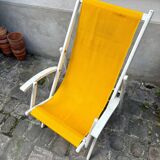 Transat de plage en bois blanc et coton jaune