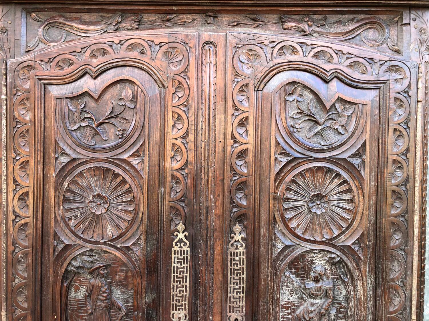 Antique Breton oak cabinet, richly carved