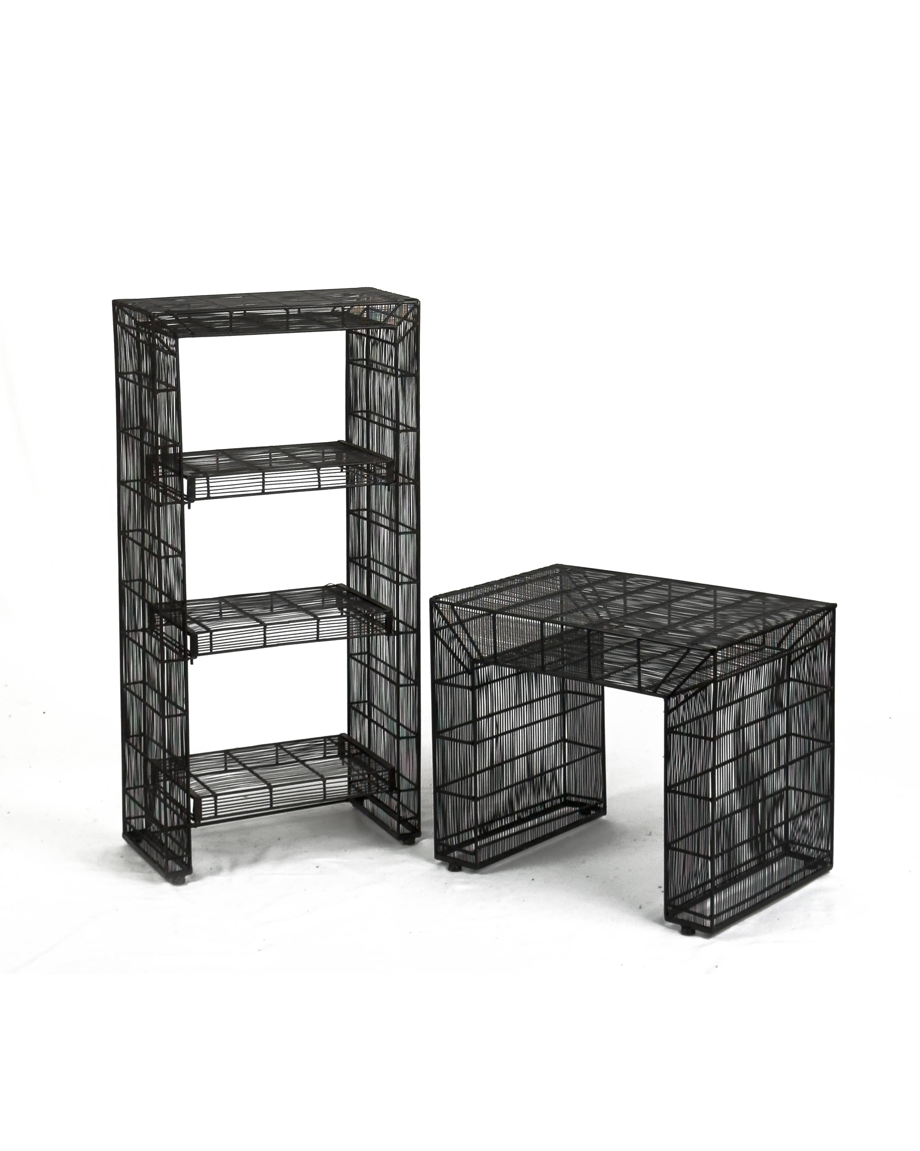 Vintage sculptural metal wire shelving and display table set