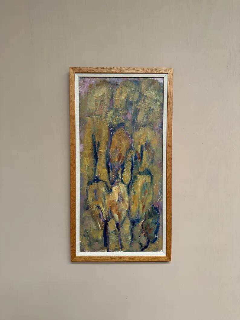 Large Swedish Oil on Panel – "Green Composition" – Signed – Vintage and Recently Framed – 77 × 41 cm (30.3 in × 16.1 in)