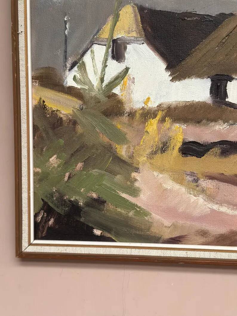 Original Swedish Oil on Canvas – "Farm" by Jörgen Bruun – Signed – Vintage and Framed – 41 × 31 cm (16.1" × 12.2")