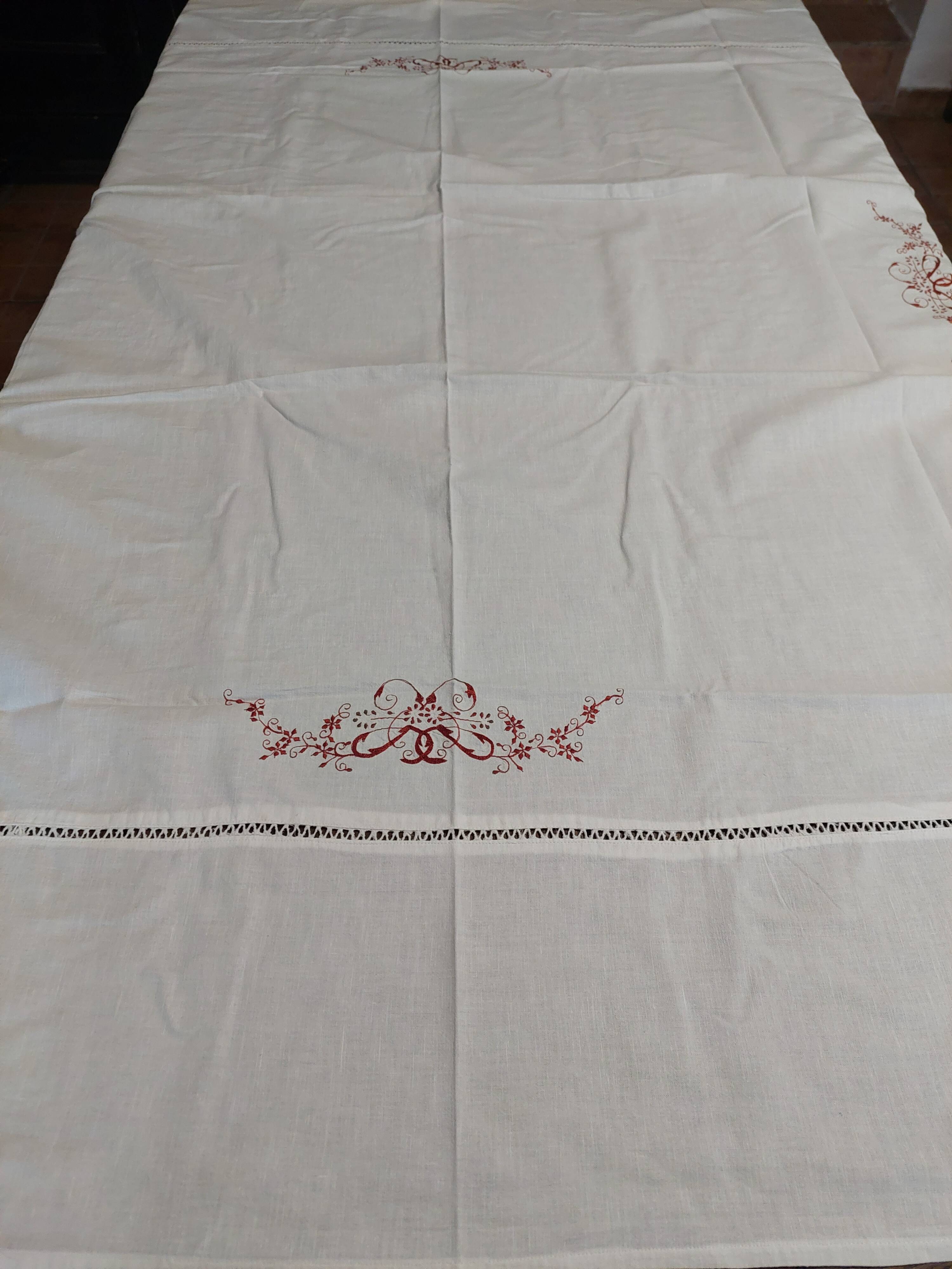 Antique white cotton tablecloth with red embroidery 135 x 145 cm