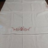 Antique white cotton tablecloth with red embroidery 135 x 145 cm