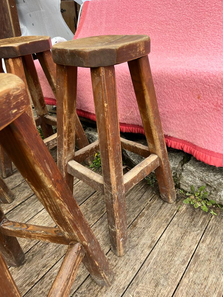 Set of 4 old vintage brutalist fir bar stools