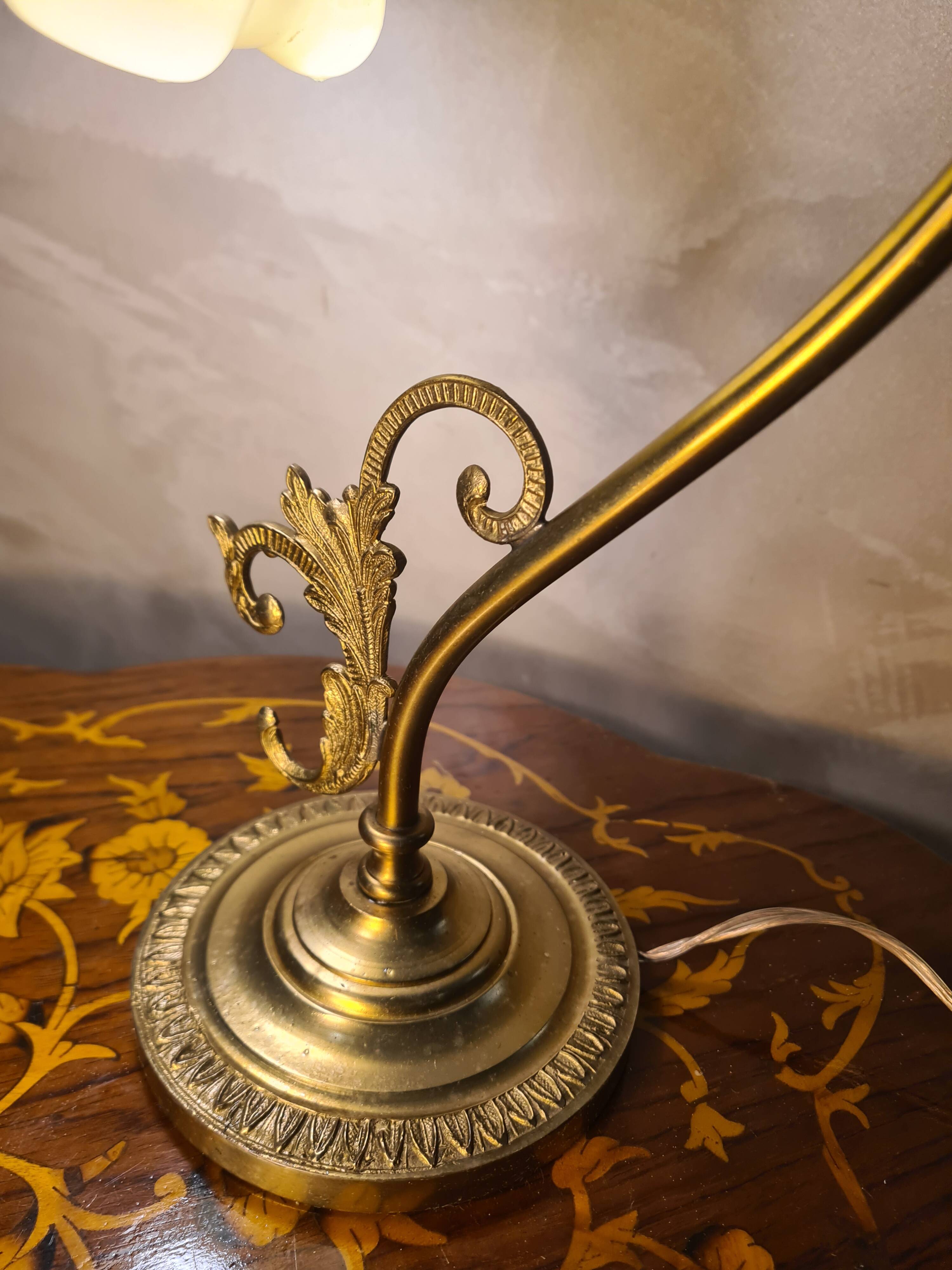 Bronze and brass lamp, opaline shade, 1950.