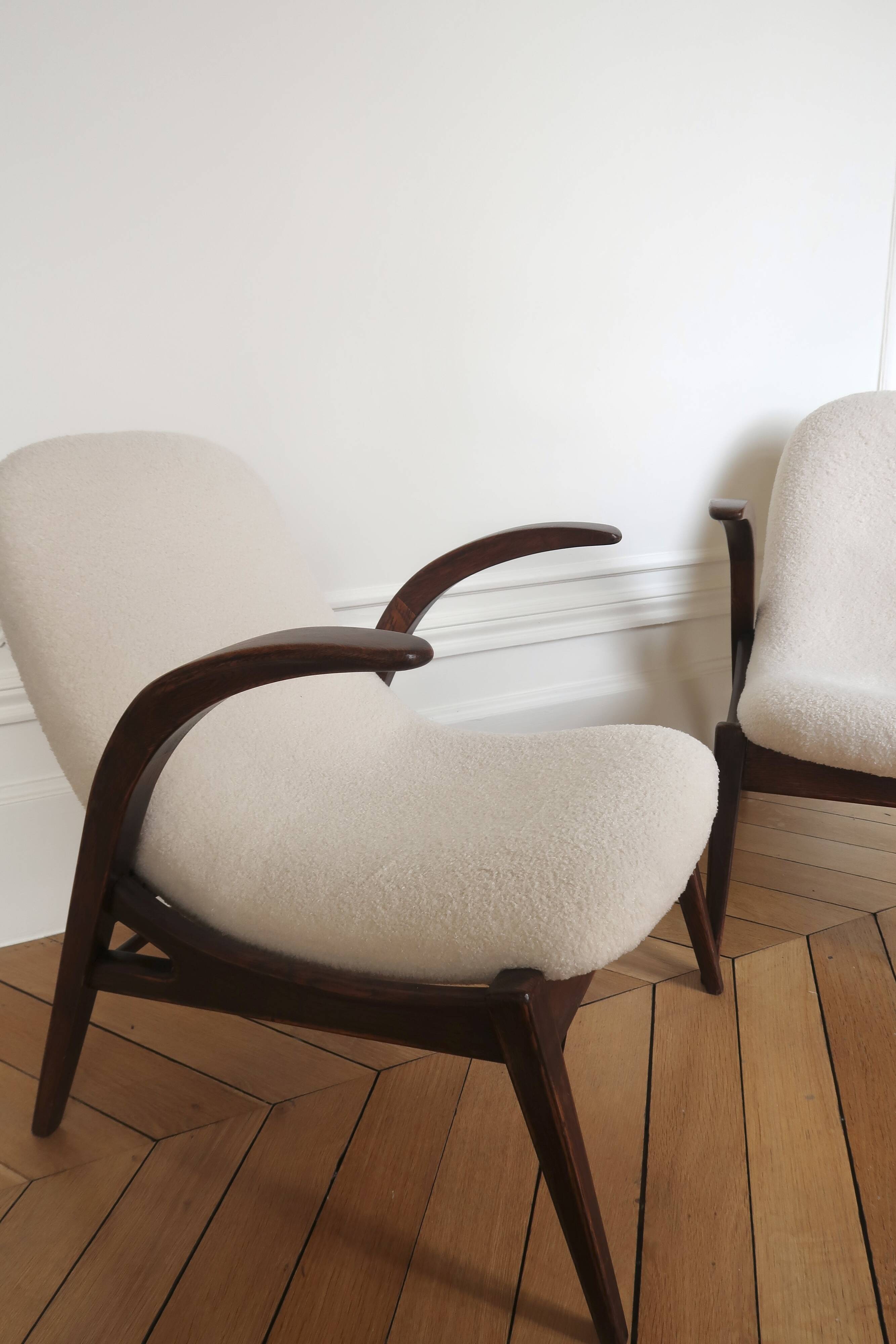 Two armchairs in wood and bouclé fabric by jan vanek, 1960s