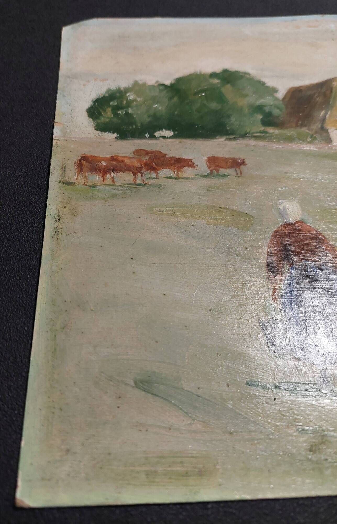 Oil painting on cardboard, rural landscape, early 20th century