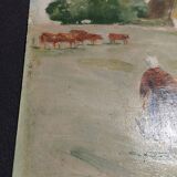 Tableau peinture huile sur carton paysage champêtre début XXème