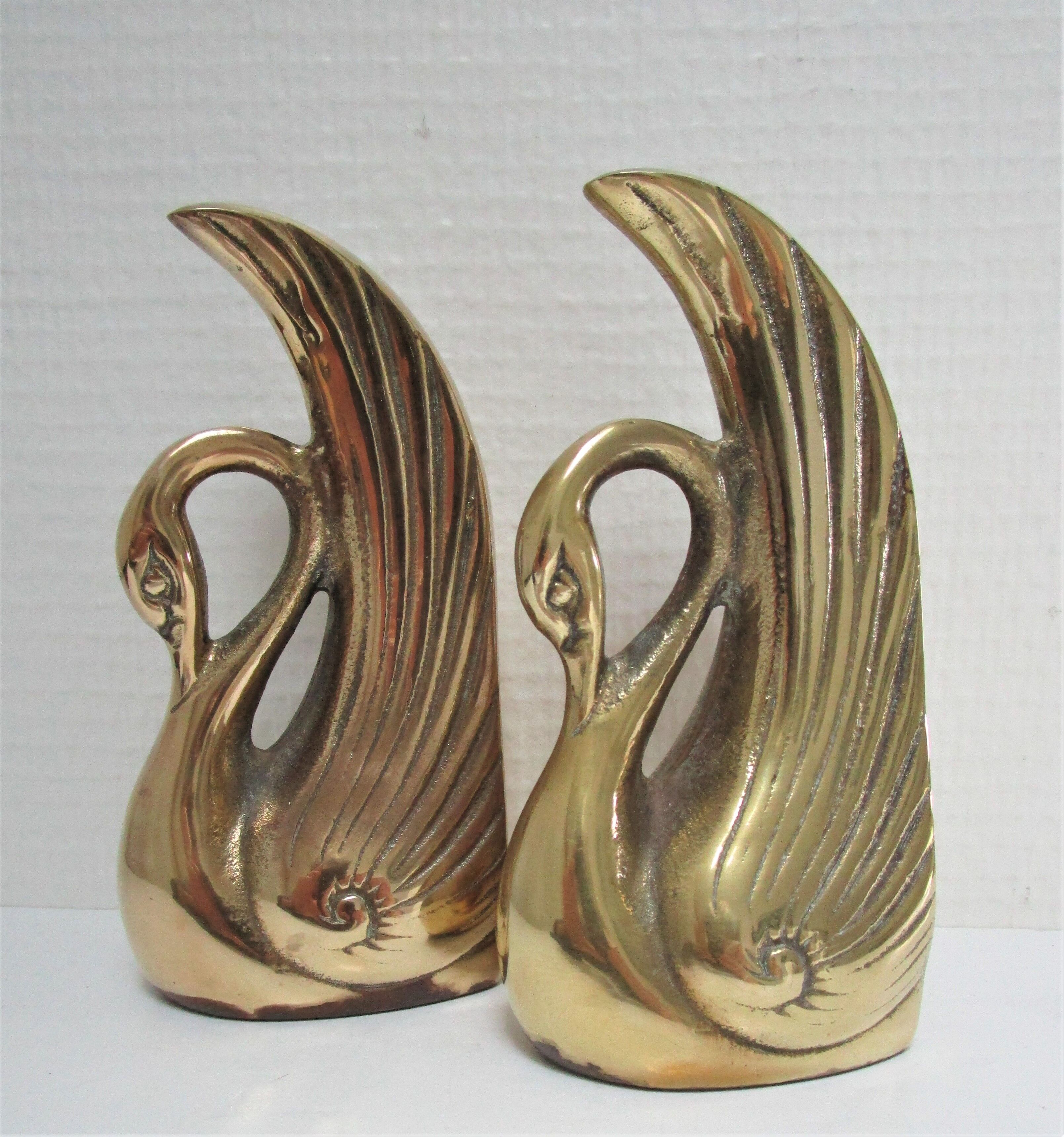 Pair of bookends vintage brass swans