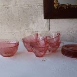 Rosaline moulded pink glass service – 6 cups + 6 saucers + 2 bowls