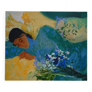 Lithographie "Douceur, Jeune femme endormie" signée Nancy Delouis