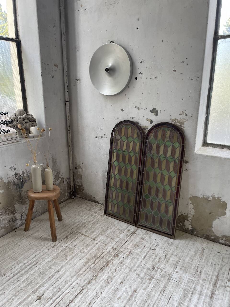 Old stained glass window in metal and glass 1900