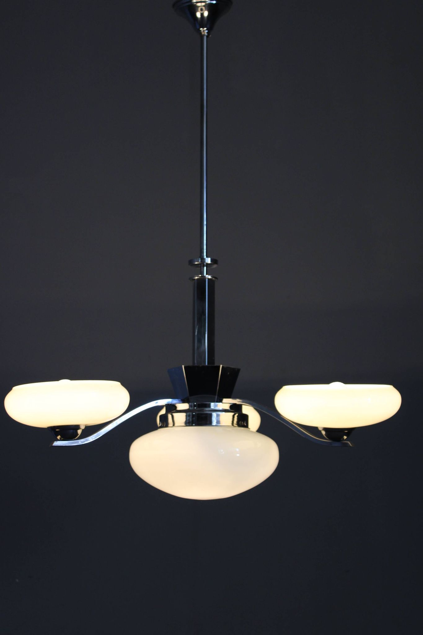 1930s Czech Art Deco chrome chandelier with cream opaline glass shades