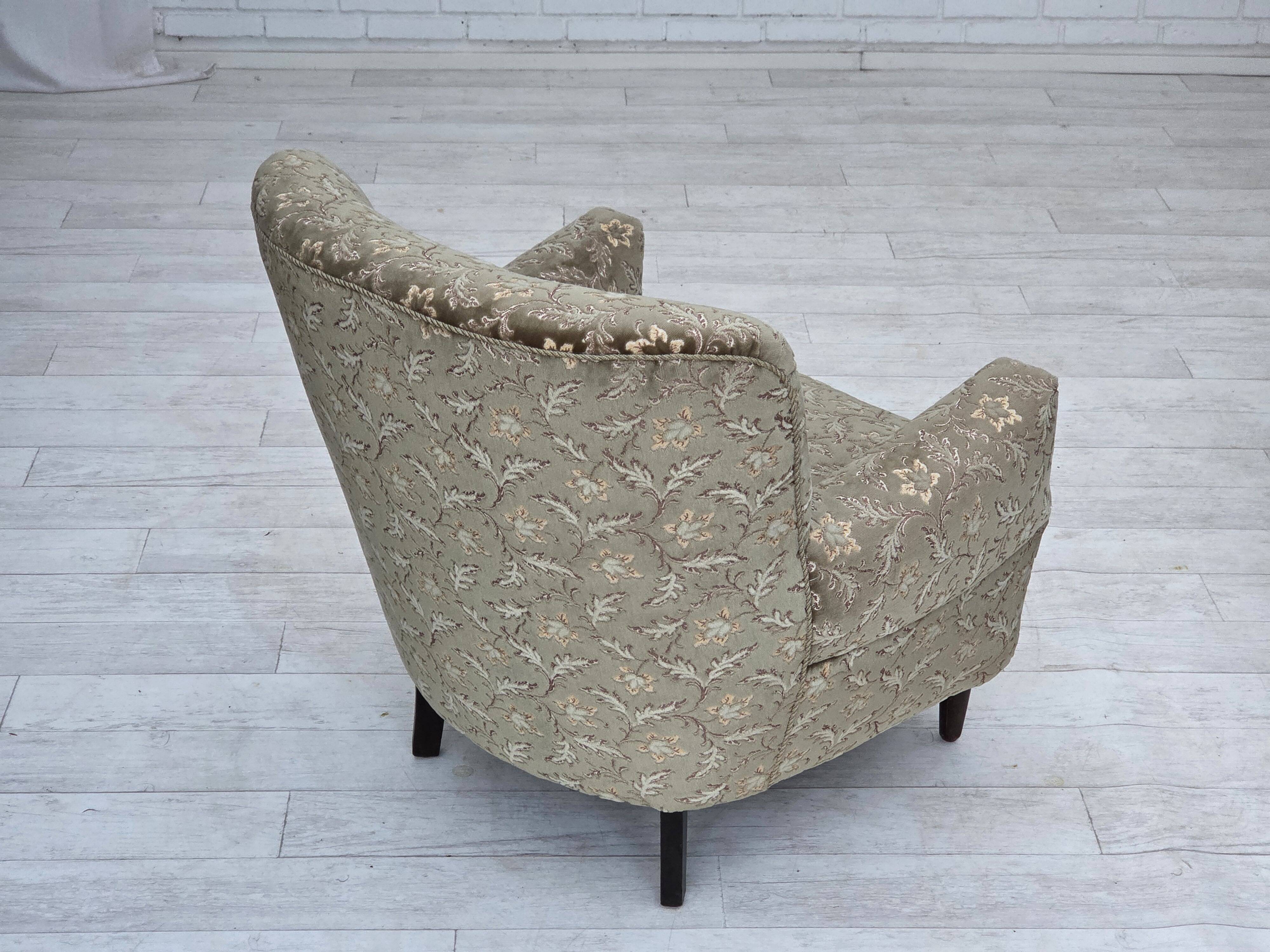 1960s, Danish armchair, light green furniture velour, teak wood legs.