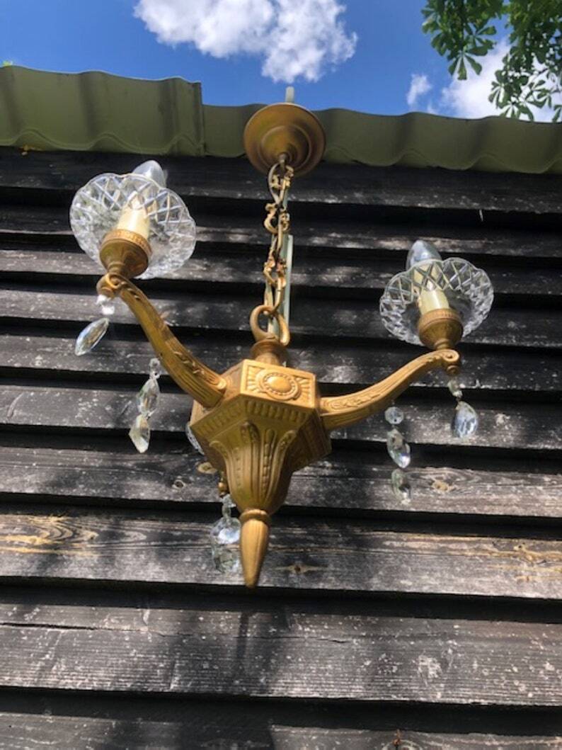 Gilt French Chandelier: Neo Classical 3-Branch Crystal Pendant Light