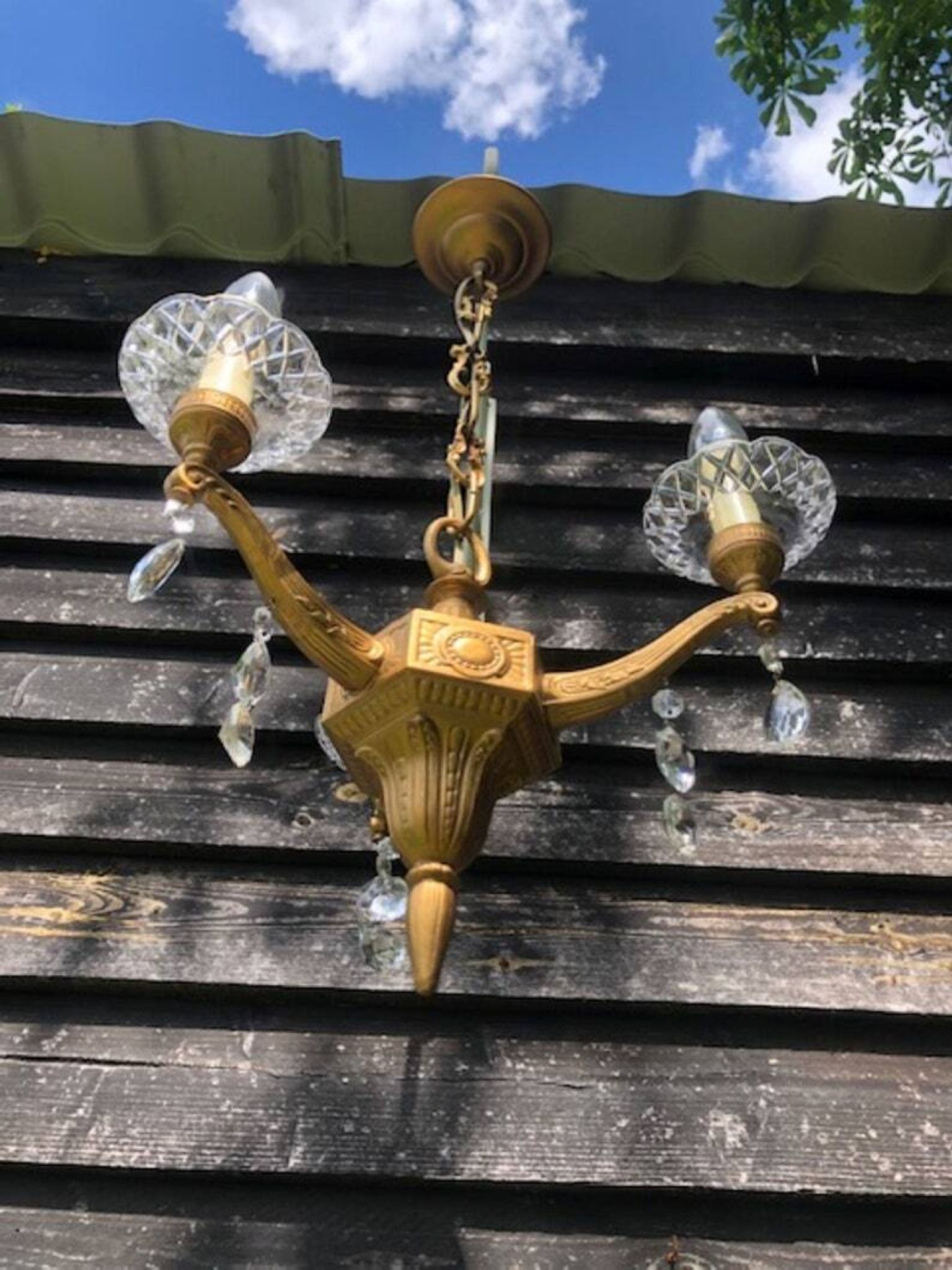 Gilt French Chandelier: Neo Classical 3-Branch Crystal Pendant Light