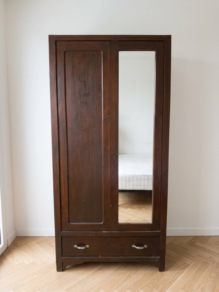 Rustic handcrafted wooden wardrobe with mirror