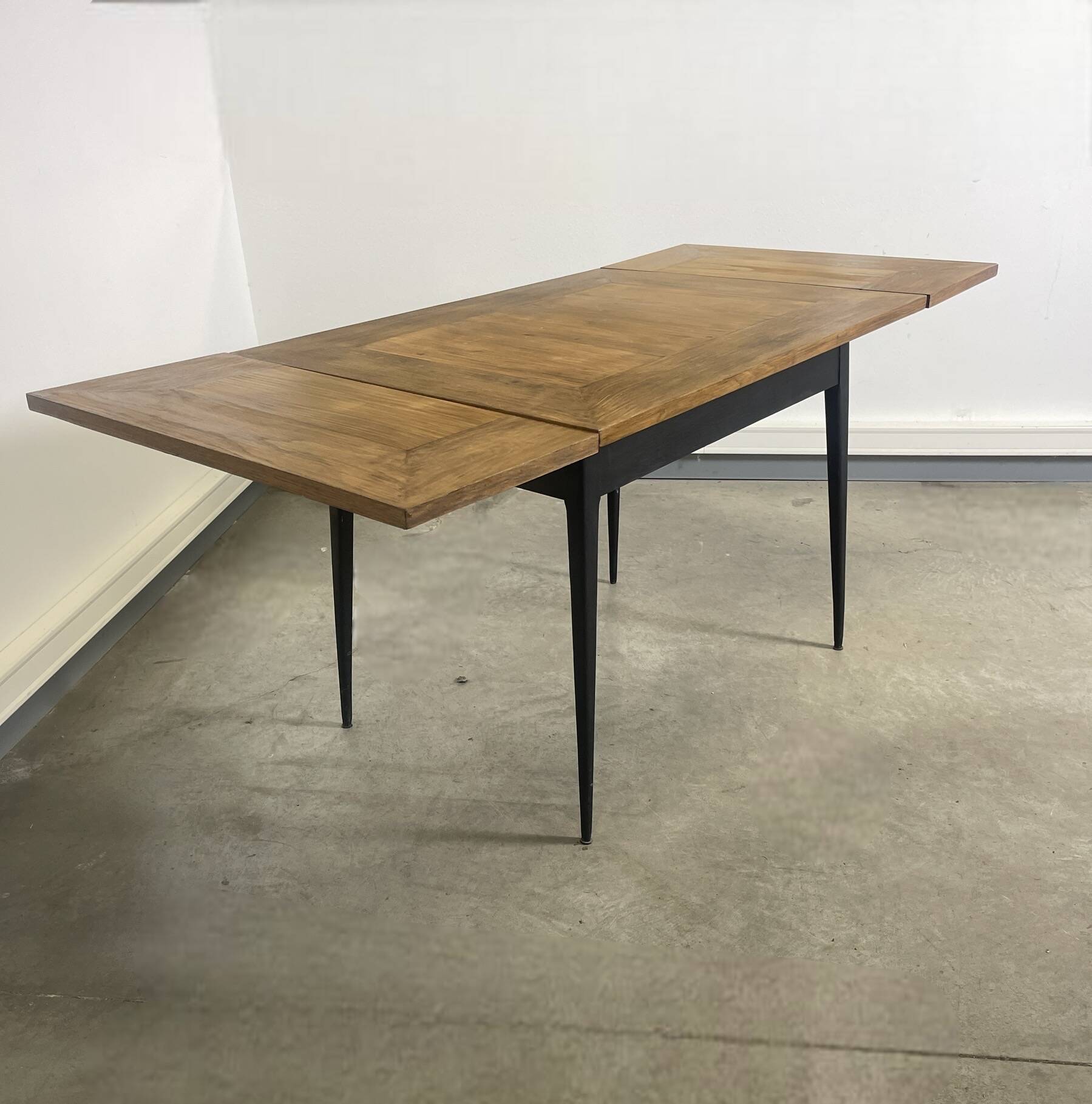Rectangular extendable wooden table and black steel compass legs with 2 extensions France