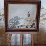 Painting, oil on wood, representing a cable car against a snowy mountain background, signed Belgrand