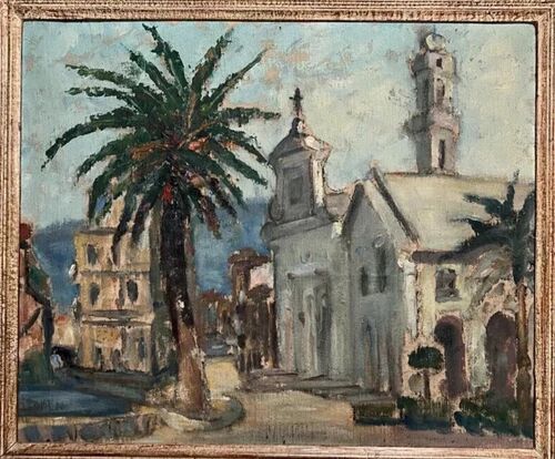 Paysage maritime, vue sur la ville, bâtiment, église, arbre - peinture
