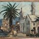Paysage maritime, vue sur la ville, bâtiment, église, arbre - peinture