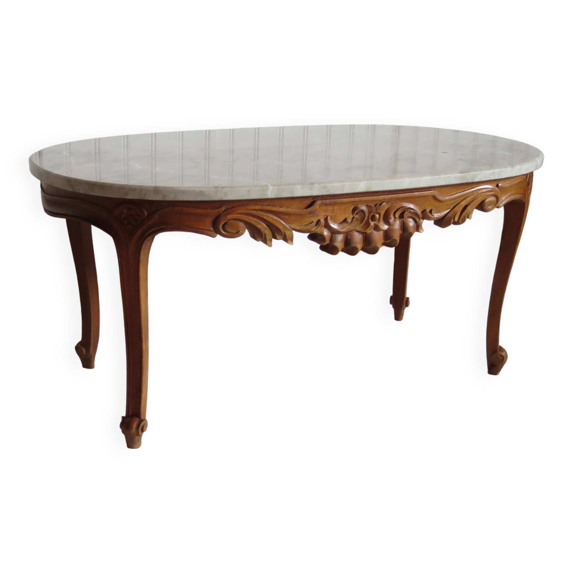 Oval coffee table - carved wood - white veined marble - Regency / Louis XV style