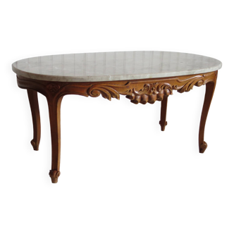 Oval coffee table - carved wood - white veined marble - Regency / Louis XV style
