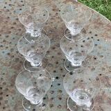 6 elegant clear glass champagne glasses with chiseled flower pattern