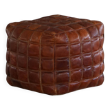 Mid-20th century pouf / ottoman cube in patinated brown leather, 1960s.
