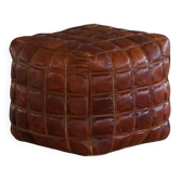 Mid-20th century pouf / ottoman cube in patinated brown leather, 1960s.