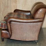George Smith Signature Scroll leather canapé with tartan Scottish wool cushions.