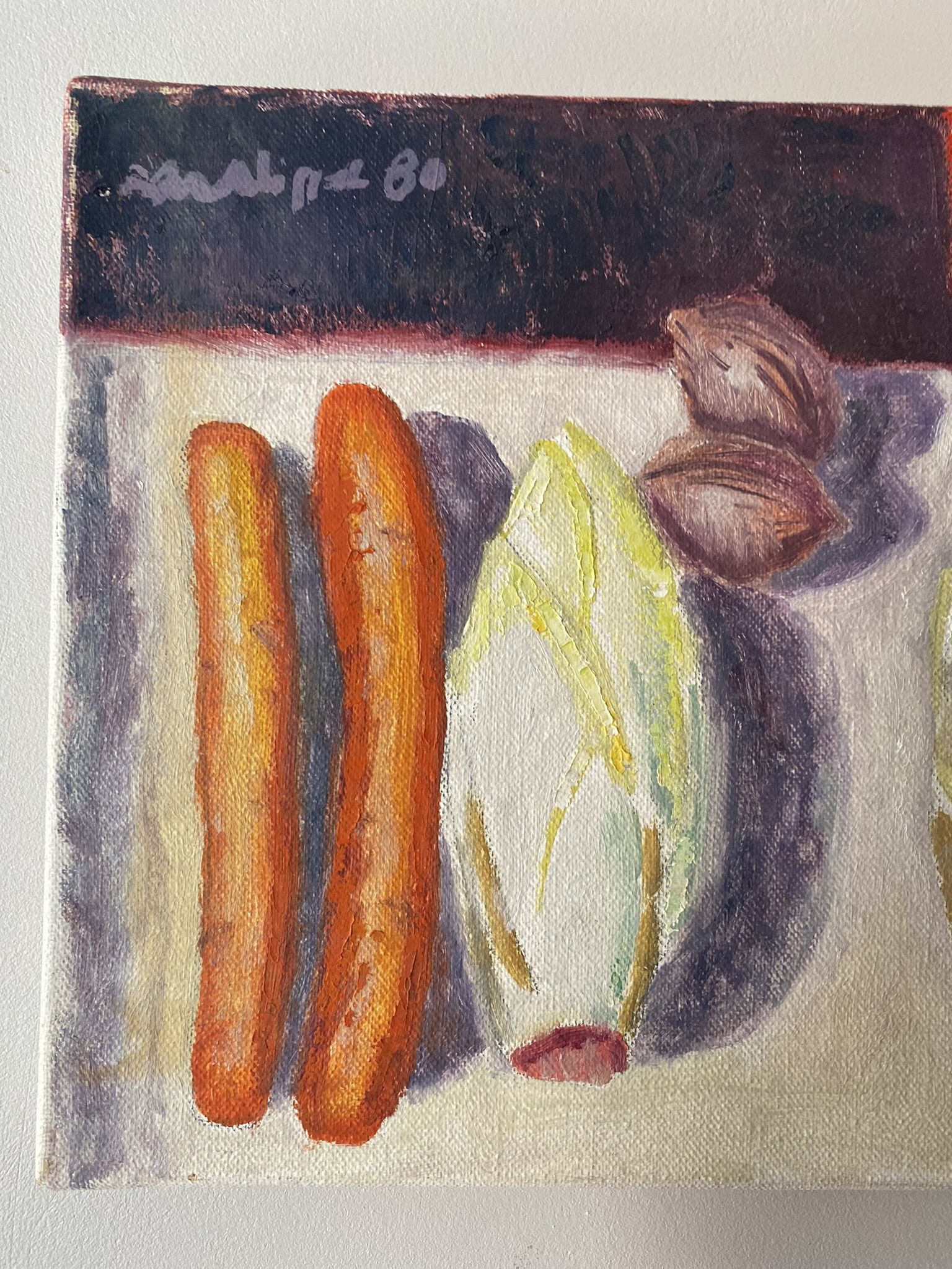 Old painting, still life with endive nuts and sausages, signed and dated 80