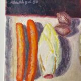 Old painting, still life with endive nuts and sausages, signed and dated 80