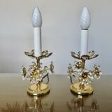 Paire de lampes fleurs , Hollywood Regency, cristal et laiton doré, 1970