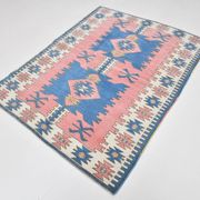 Tapis vintage bleu et rose 5x6, tapis turc en laine fait main, 141x184 cm