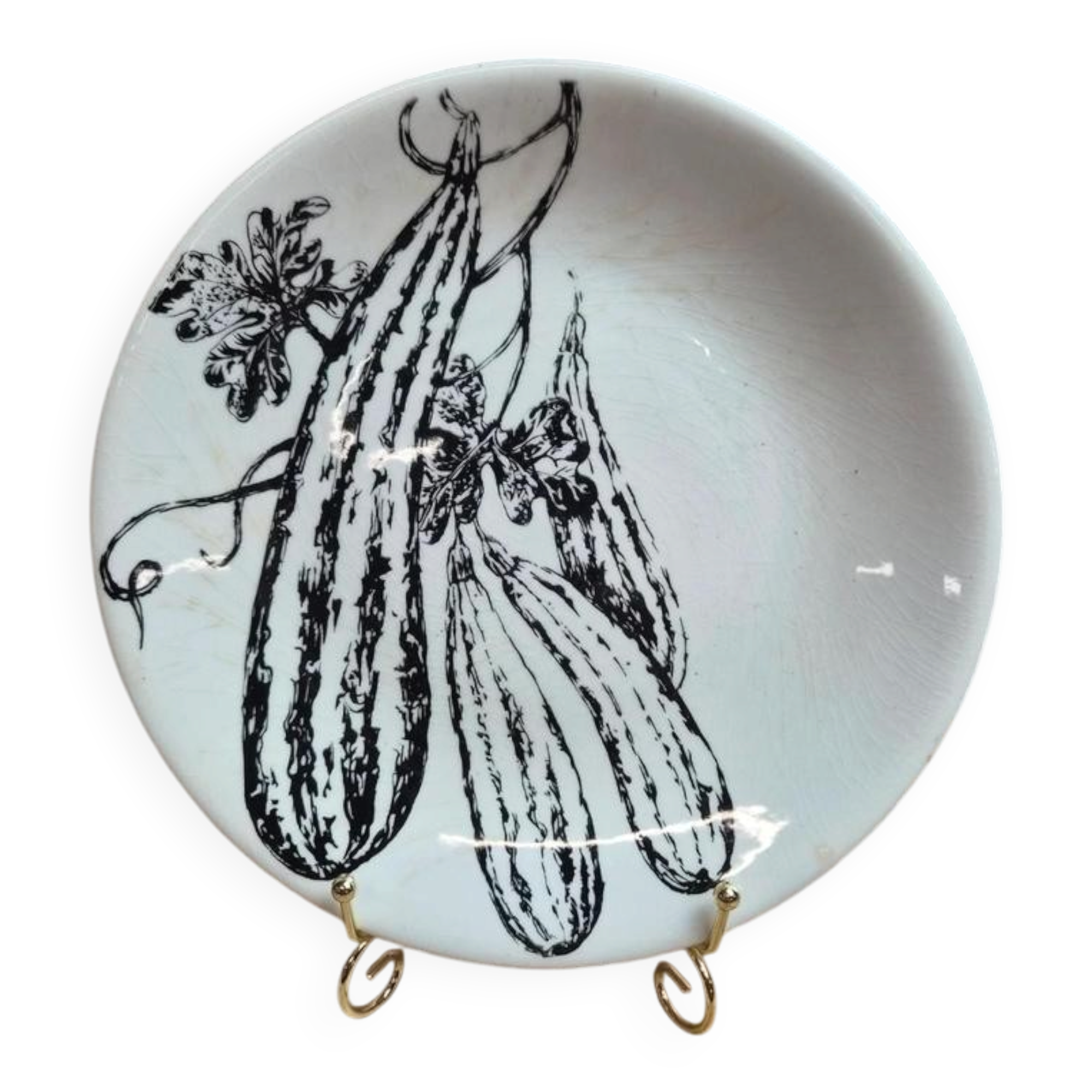 Flat plate Gien France vegetable garden decoration black and white courgettes