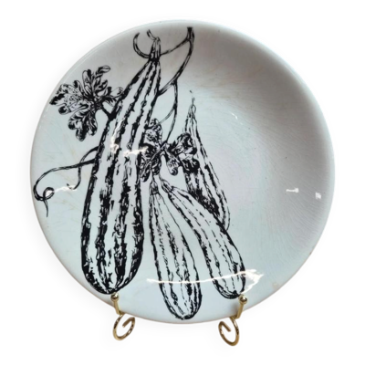 Assiette plate Gien France décor courgettes noir et blanc