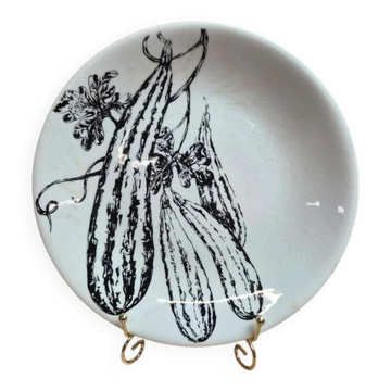 Flat plate Gien France vegetable garden decoration black and white courgettes