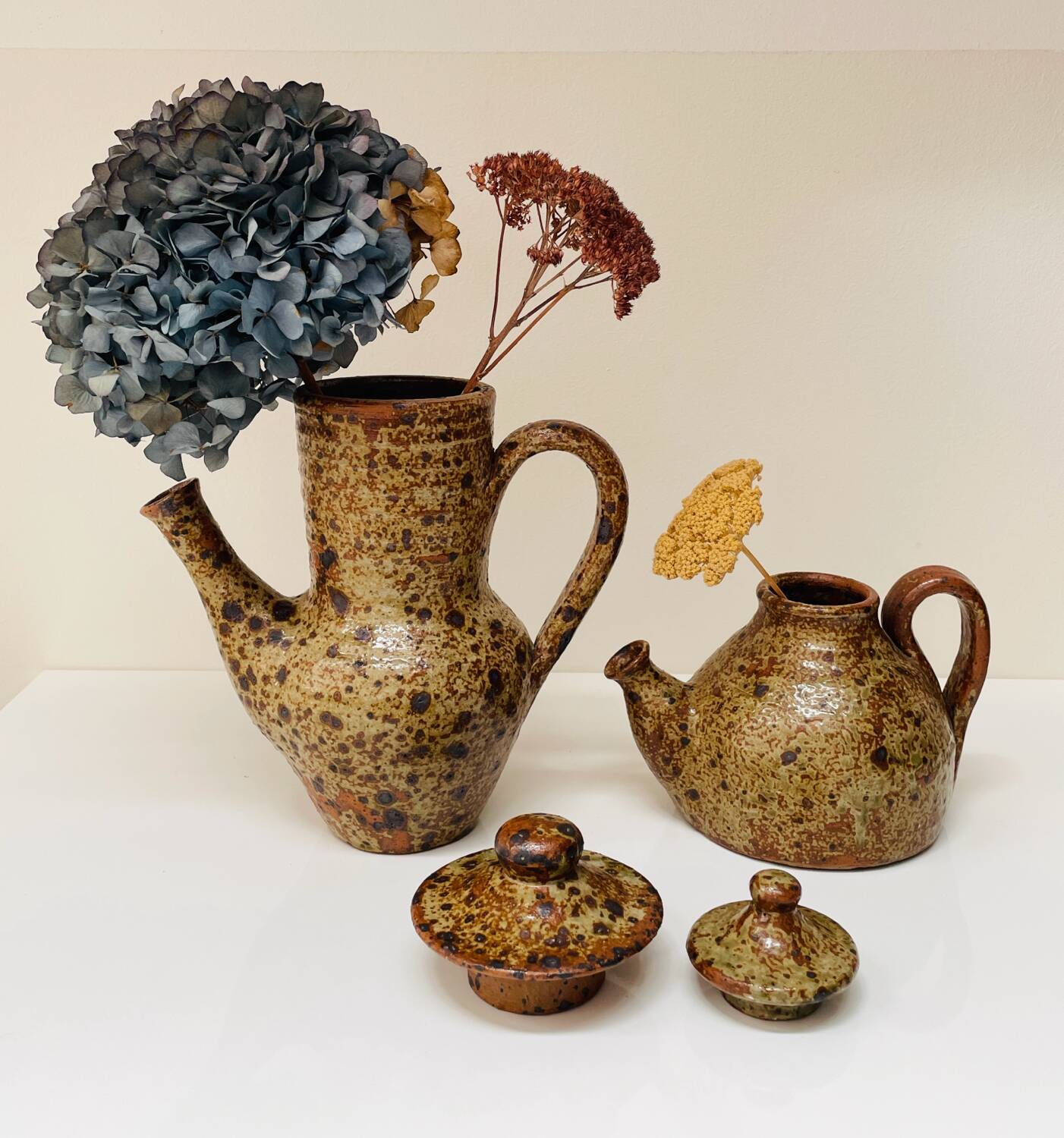 Pair of vintage brutalist ceramic teapots from the 1970s.