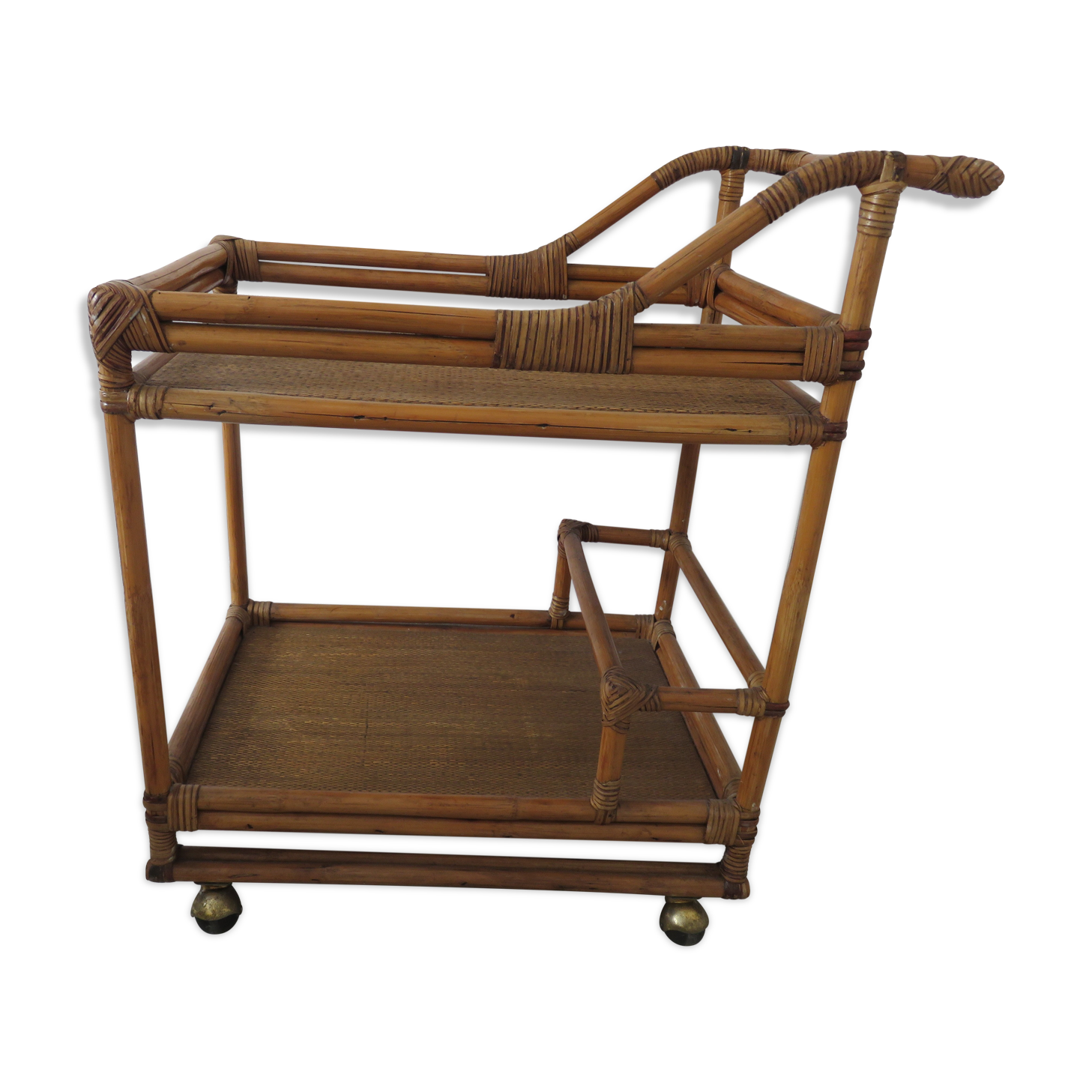 Rolling table, bamboo rattan service 70s
