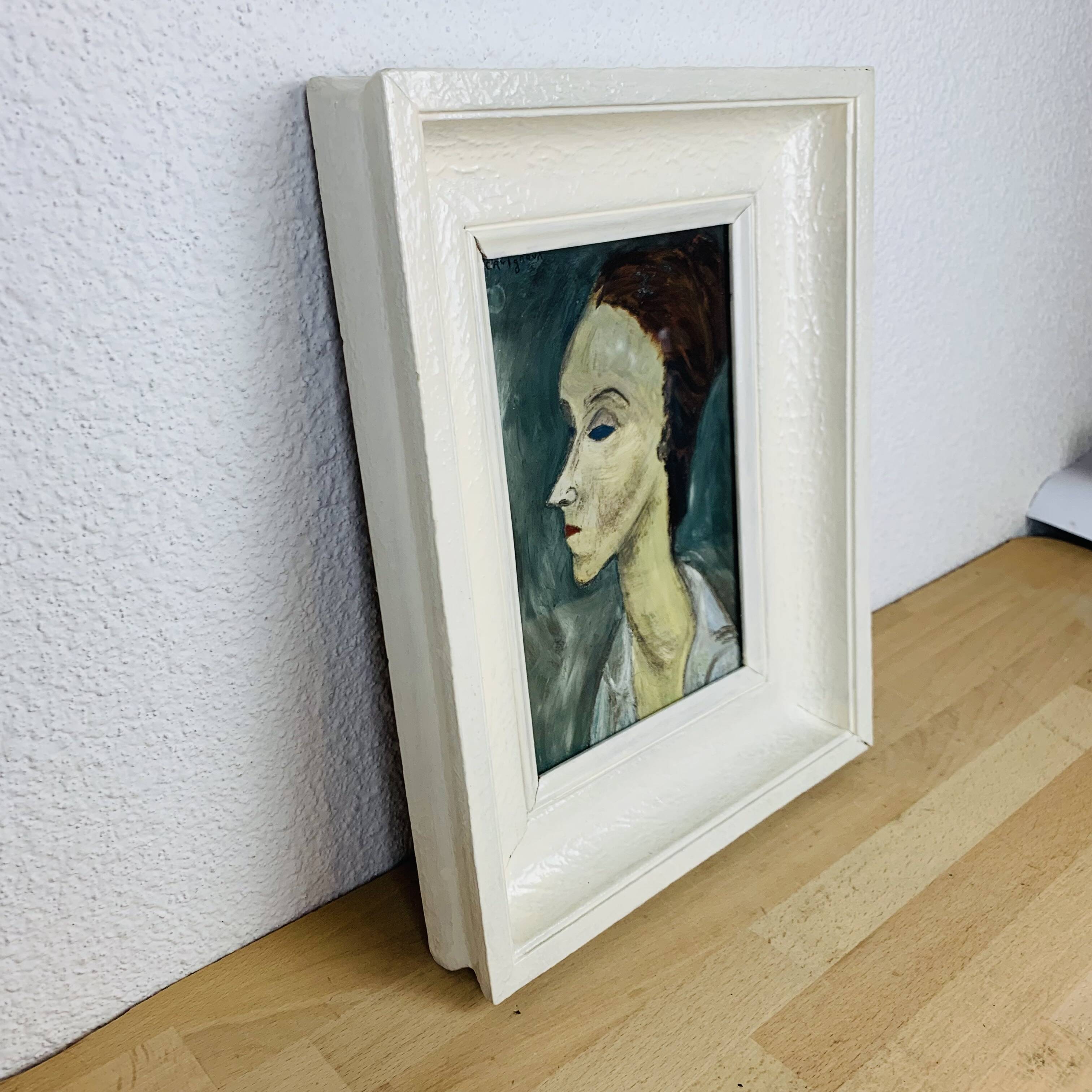 Painting portrait of a woman in figurative style signed Cavignaux