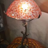 bronze lamp in Art Nouveau style from 1975 to 1985 with a high-quality glass shade
