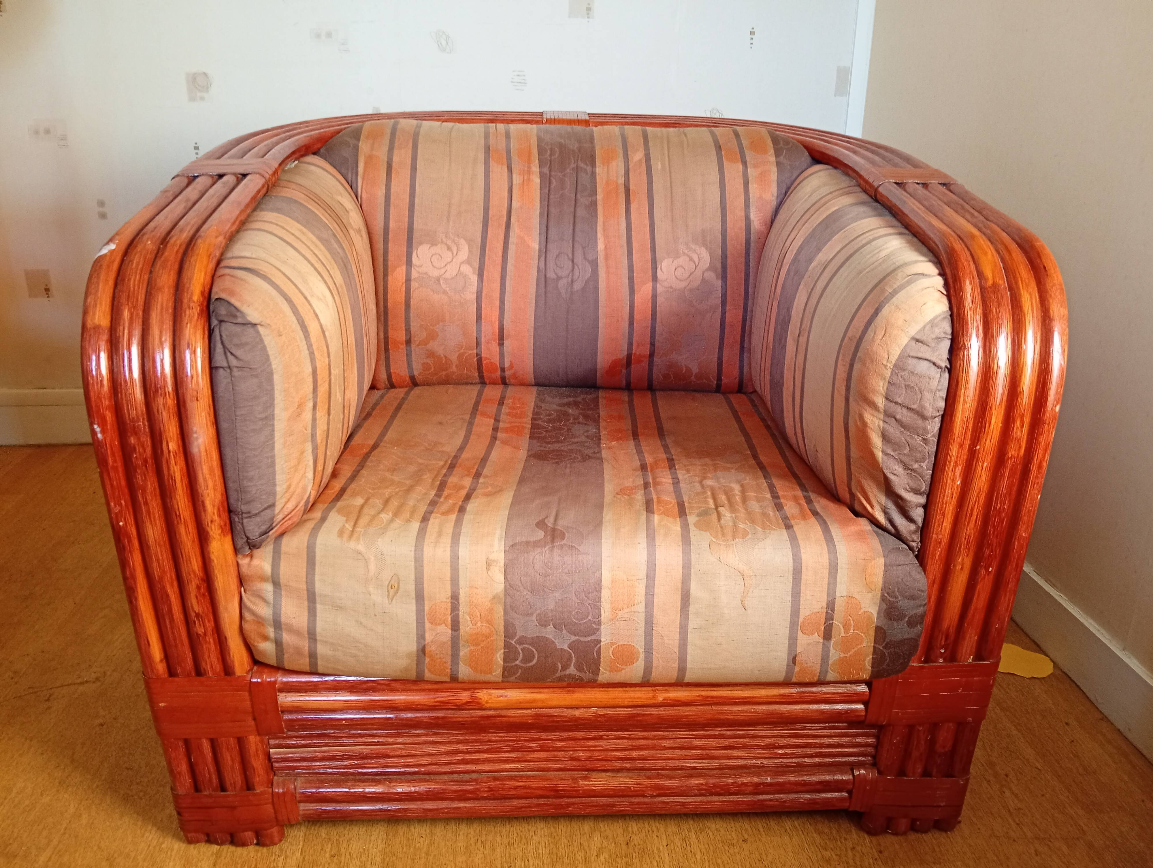 1980s armchair in red rattan and bamboo, made by Maugrion.
