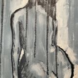 Tableau signé huile encre de chine sur toile portrait femme de dos