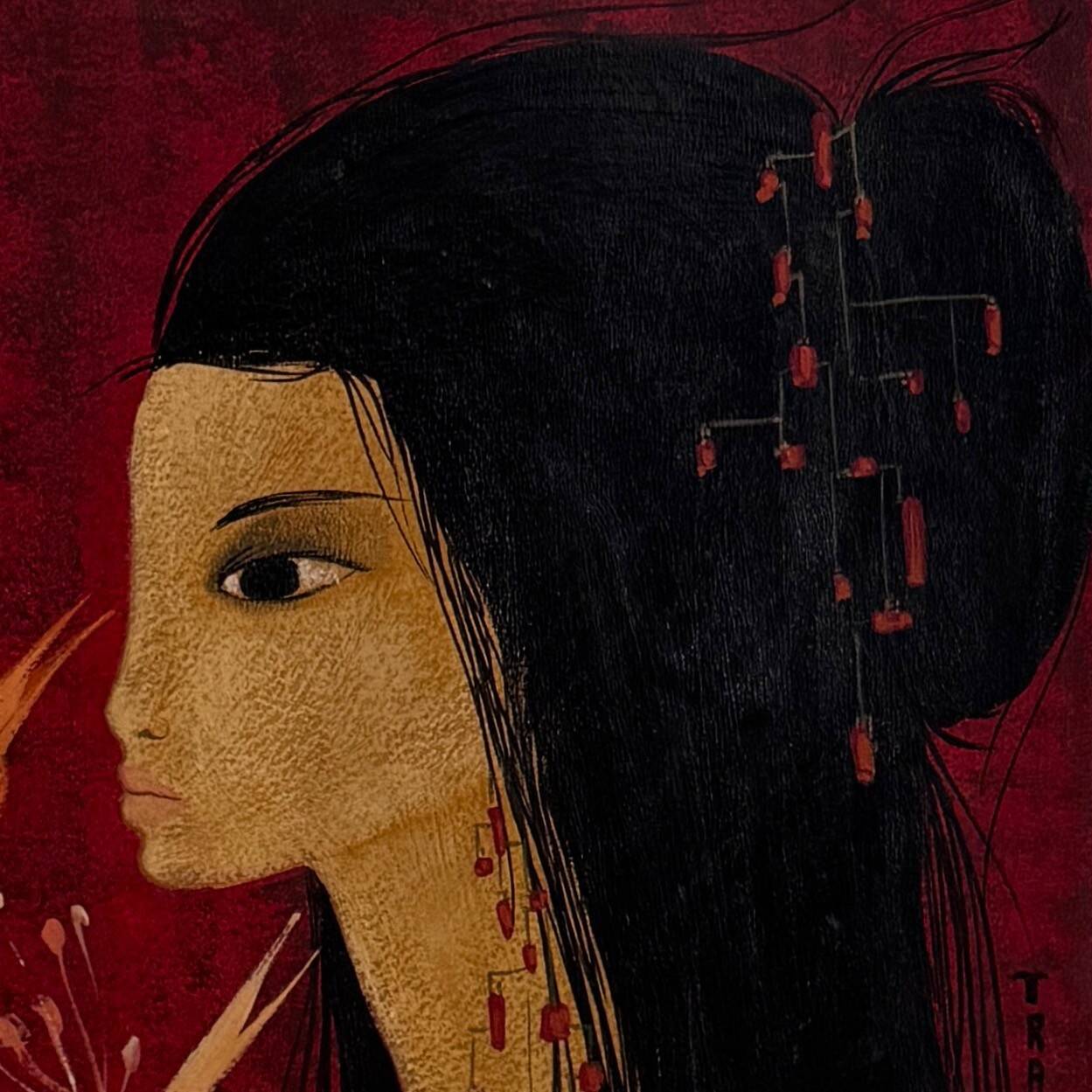 Acrylic on paper, young nude girl with peacock heads by Tran Long, 20th century