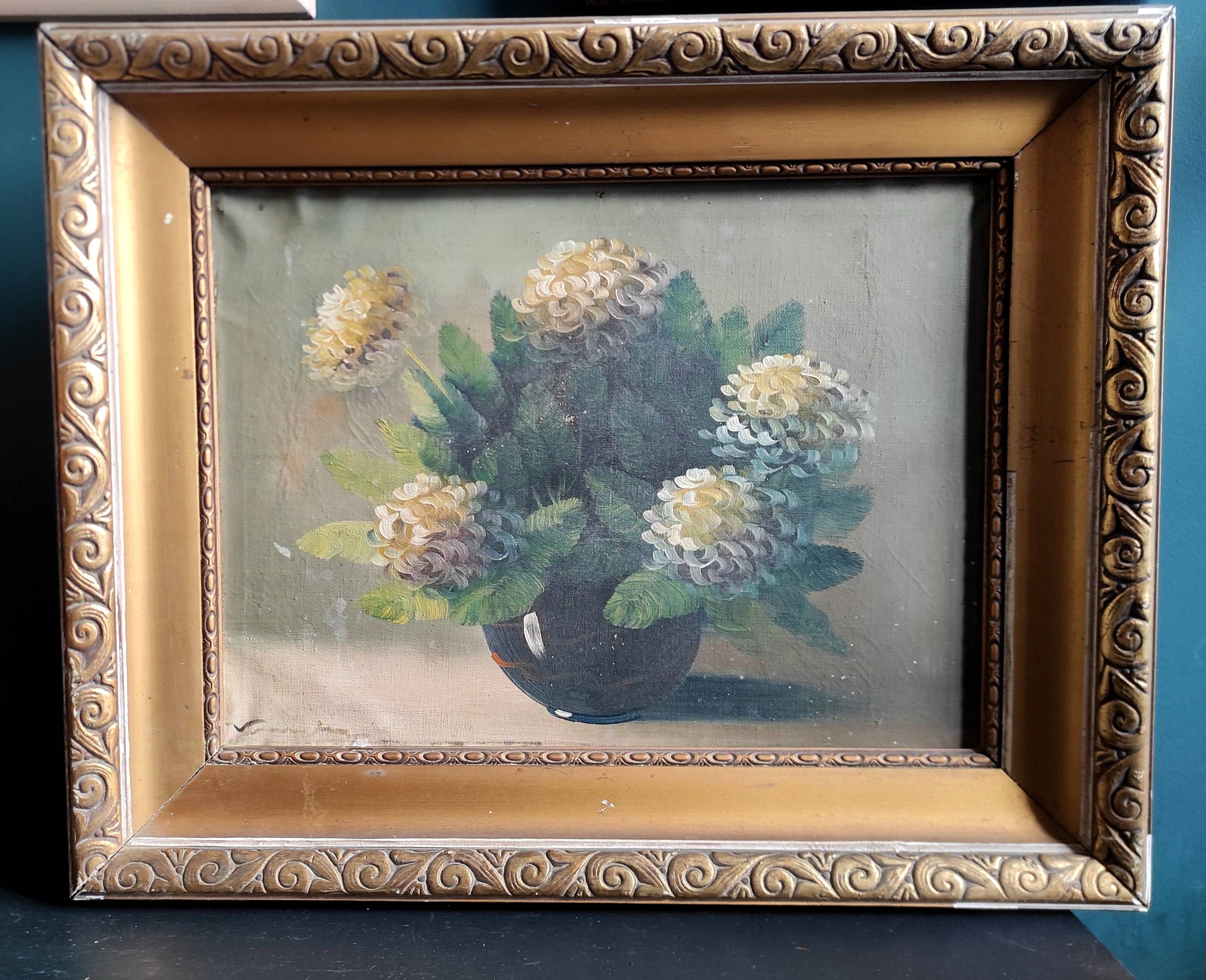 Vintage French oil painting of chrysanthemums, signed