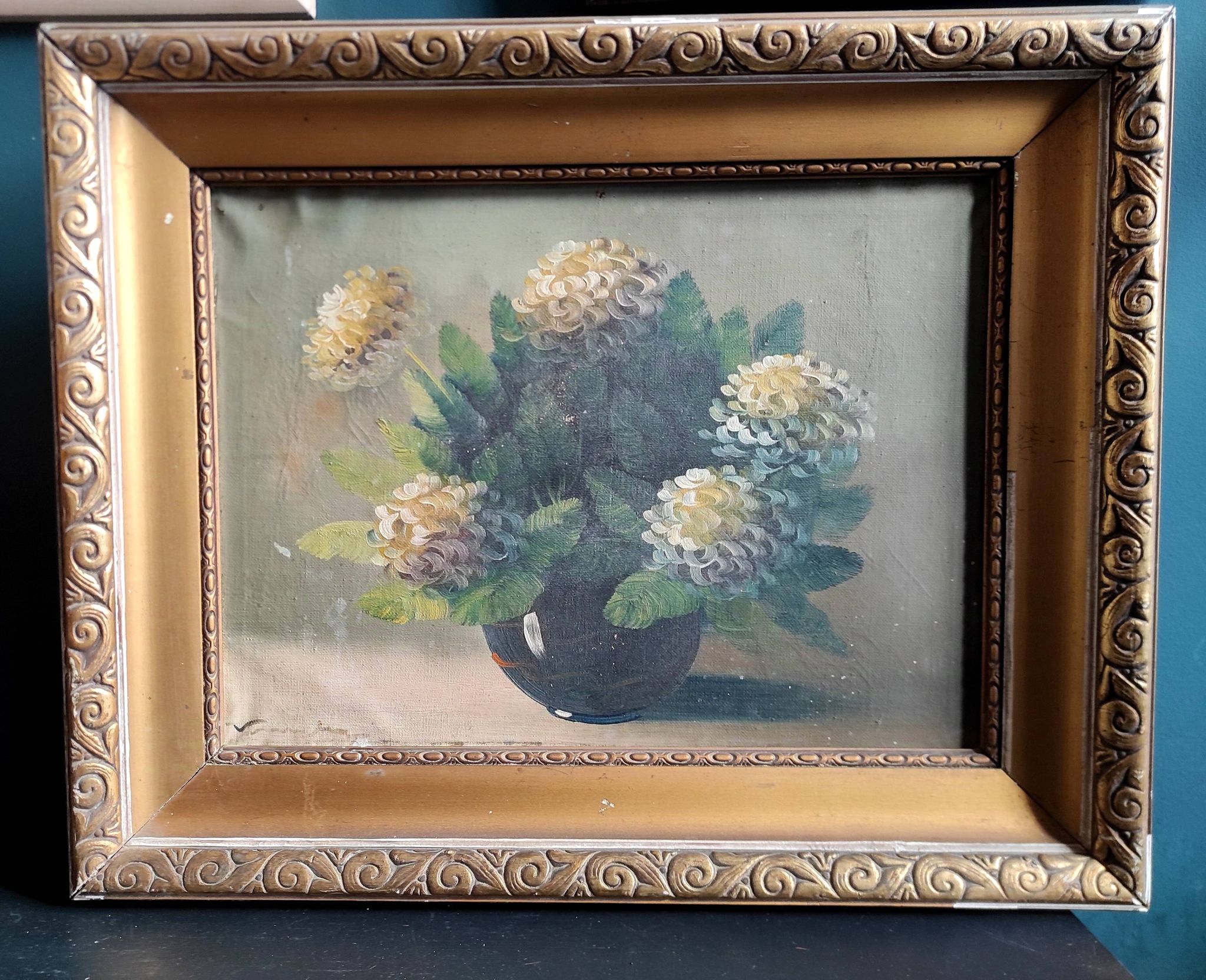 Vintage French oil painting of chrysanthemums, signed